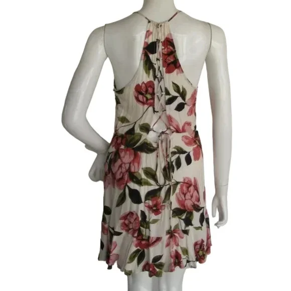 new OLIVACEOUS Mini Dress, L, White Floral, Ruffle, Surplice, Lace-up Back - Picture 3 of 14